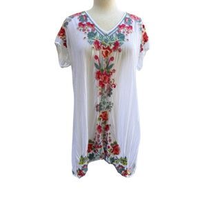 Johnny Was V Neck Embroidered Tunic Top Lightweight Floral Design